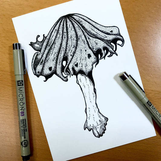 PinkPolish Design Original Art "Alcohol Inky Mushroom" PNW Fungi Inspired Original Ink Illustration, 5"x7"