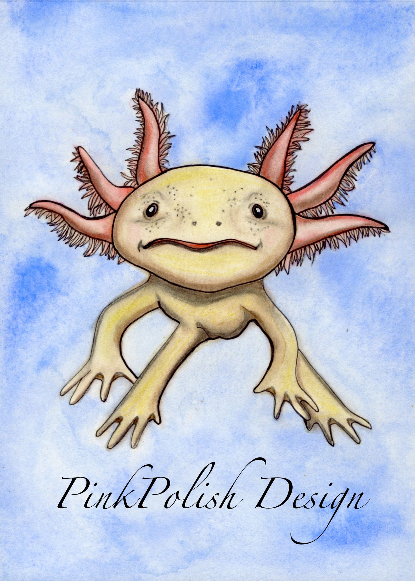 PinkPolish Design Art Prints "Axolotl Cutie " Watercolor Painting: Art Print