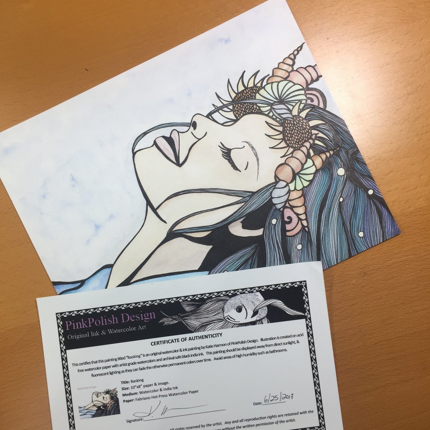 PinkPolish Design Original Art "Basking" Mermaid Inspired Original Watercolor & Ink Illustration