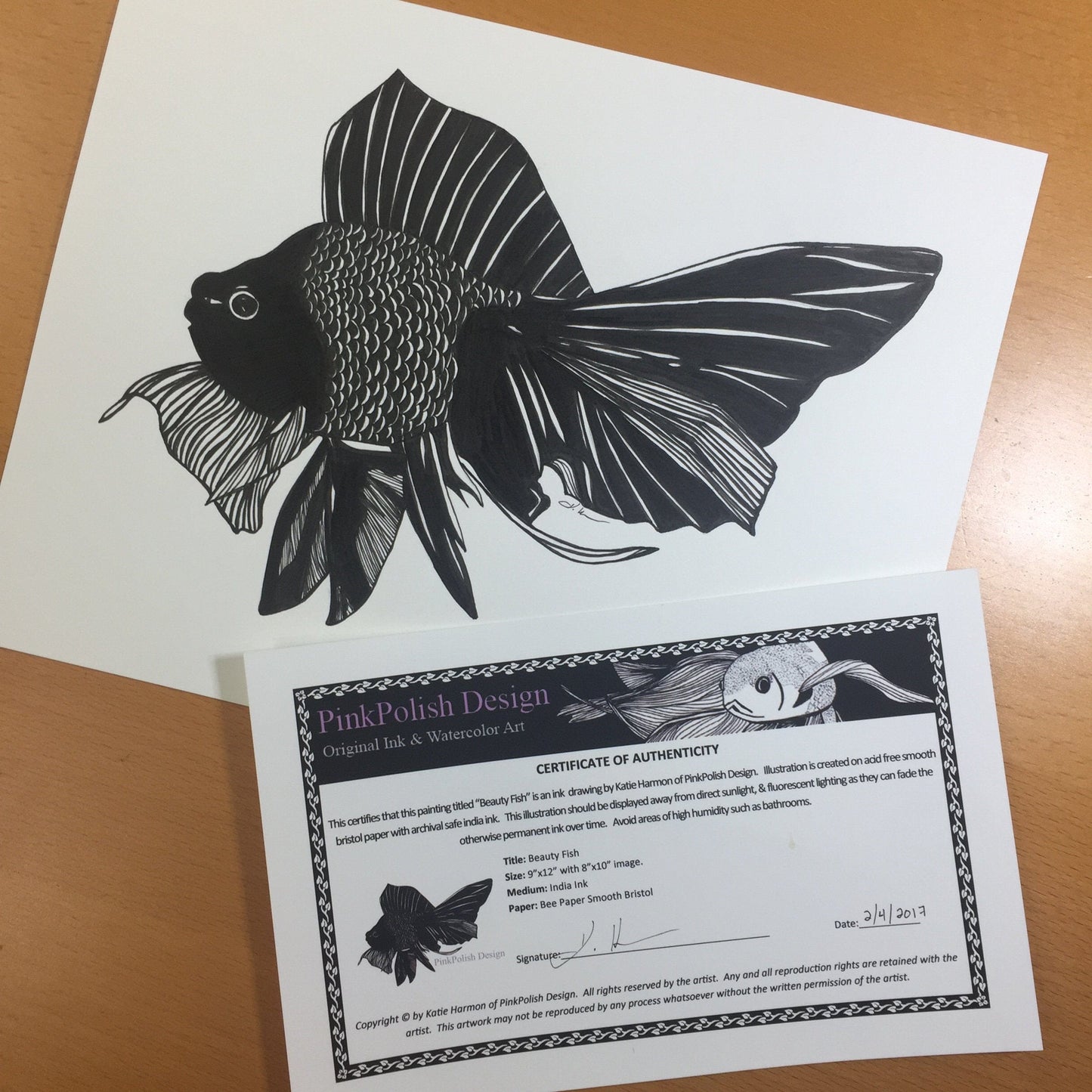 PinkPolish Design Original Art "Beauty Fish" Goldfish Inspired Original Ink Illustration