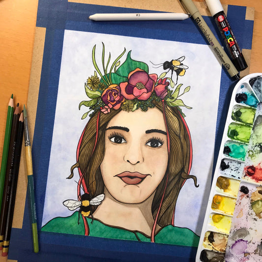 PinkPolish Design Original Art "Bee Kind" Bumble Bee Inspired Original Watercolor & Ink Illustration