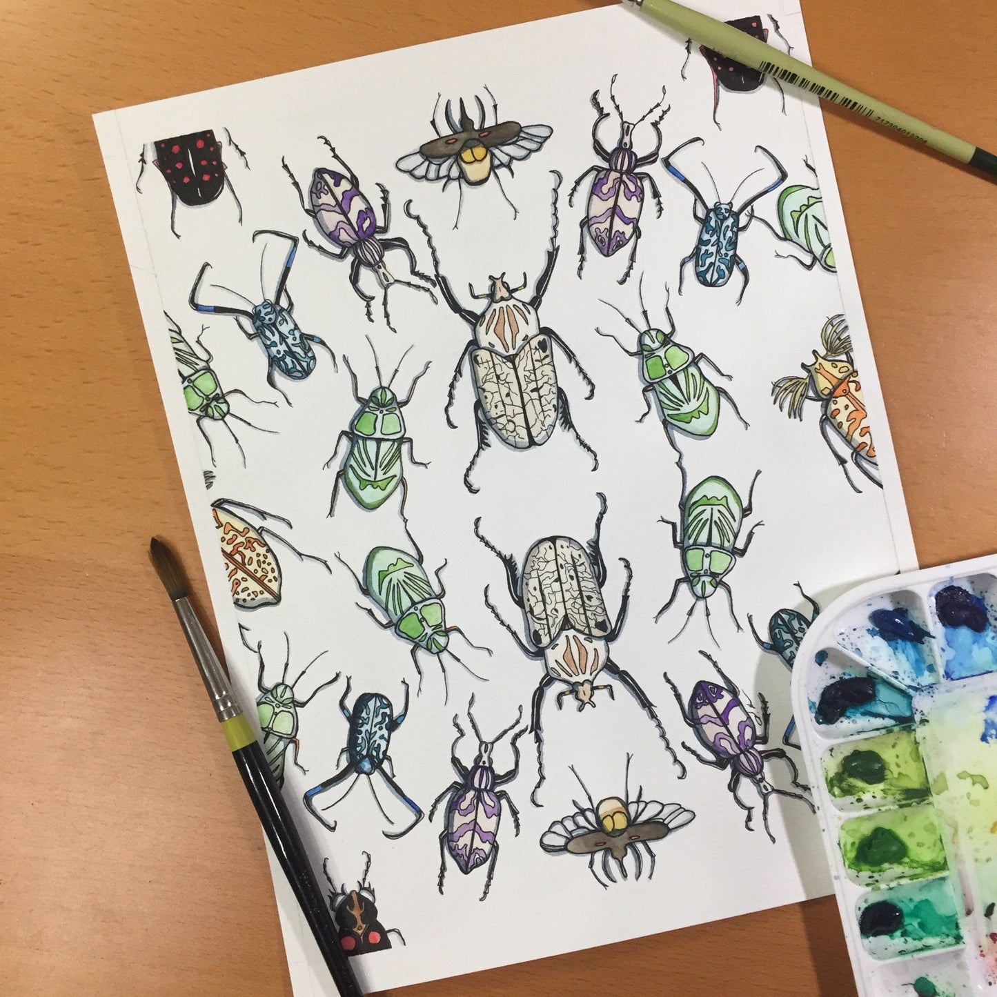 PinkPolish Design Original Art "Beetle Repetition" Insect Inspired Original Tessellation Watercolor & Ink Illustration