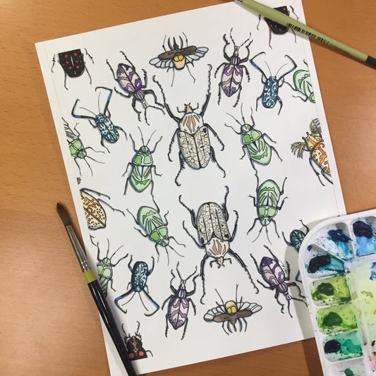 PinkPolish Design Original Art "Beetle Repetition" Insect Inspired Original Tessellation Watercolor & Ink Illustration