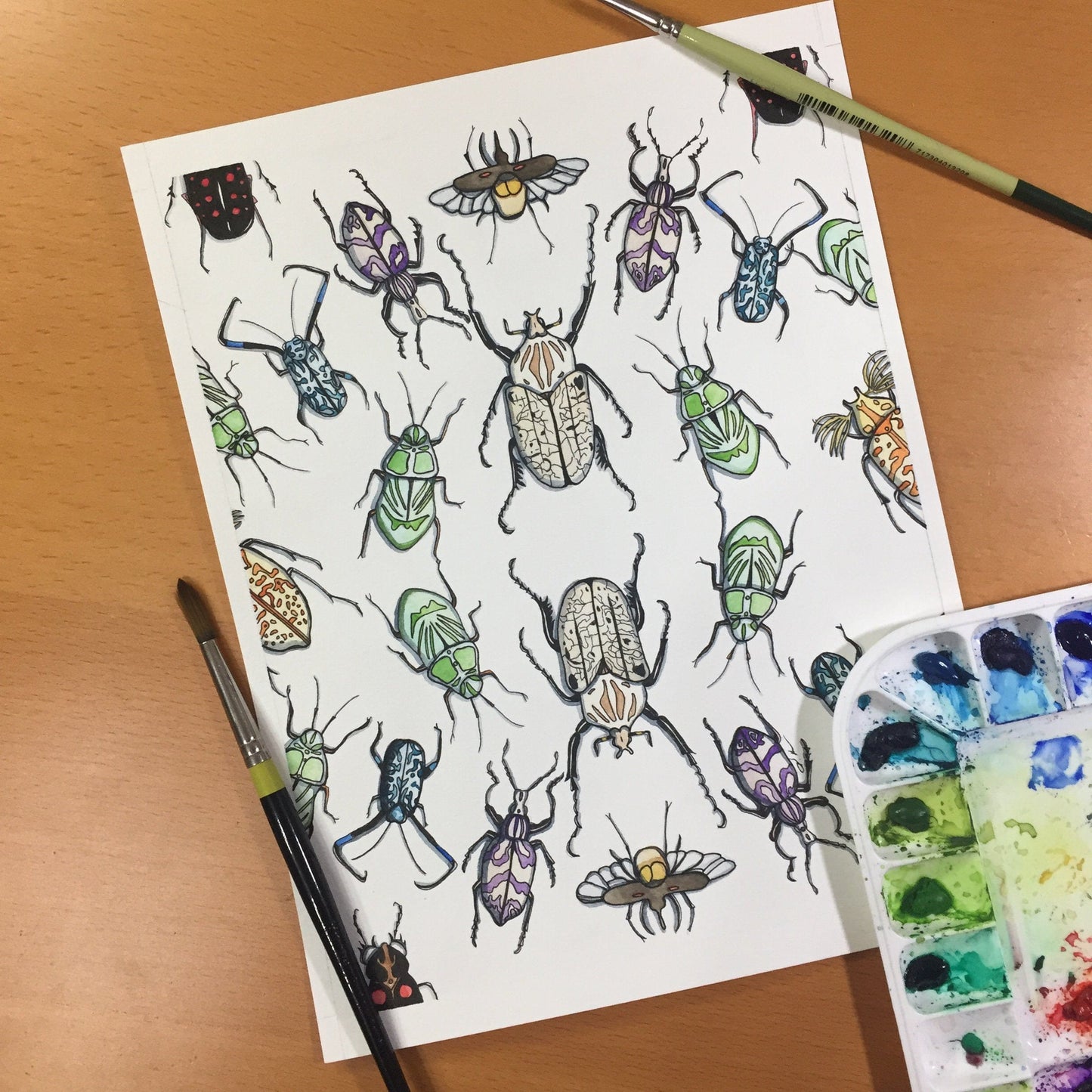 PinkPolish Design Original Art "Beetle Repetition" Insect Inspired Original Tessellation Watercolor & Ink Illustration