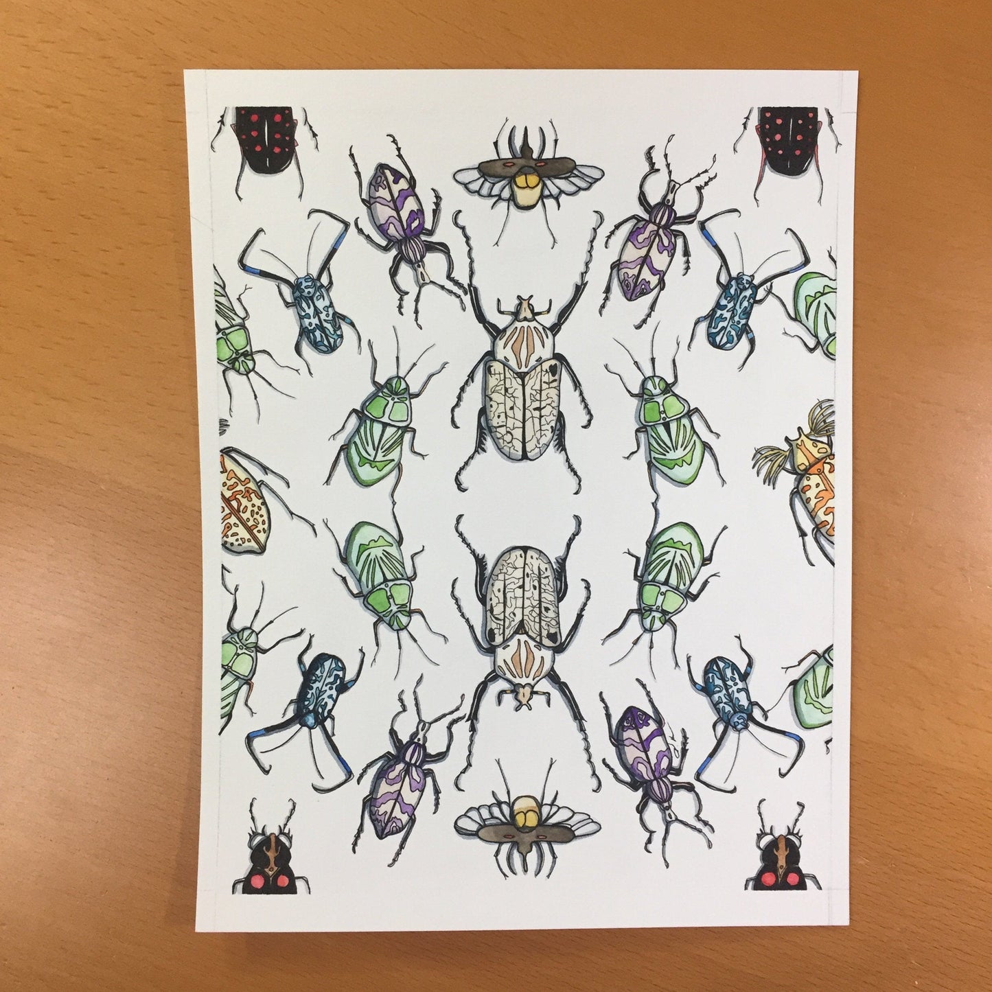 PinkPolish Design Original Art "Beetle Repetition" Insect Inspired Original Tessellation Watercolor & Ink Illustration