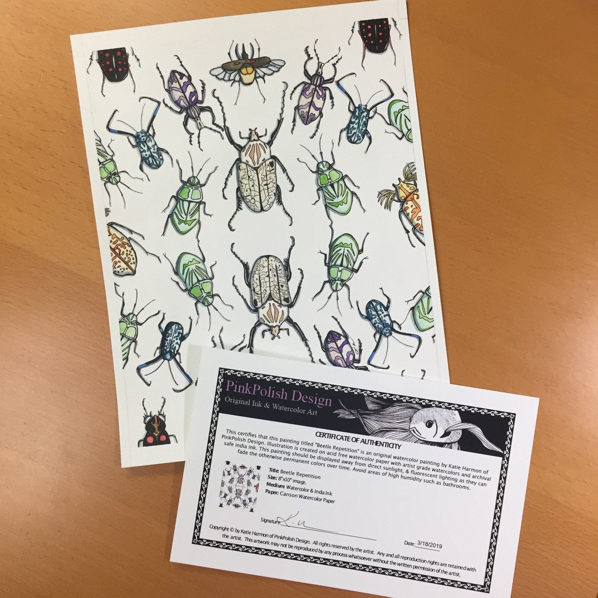 PinkPolish Design Original Art "Beetle Repetition" Insect Inspired Original Tessellation Watercolor & Ink Illustration