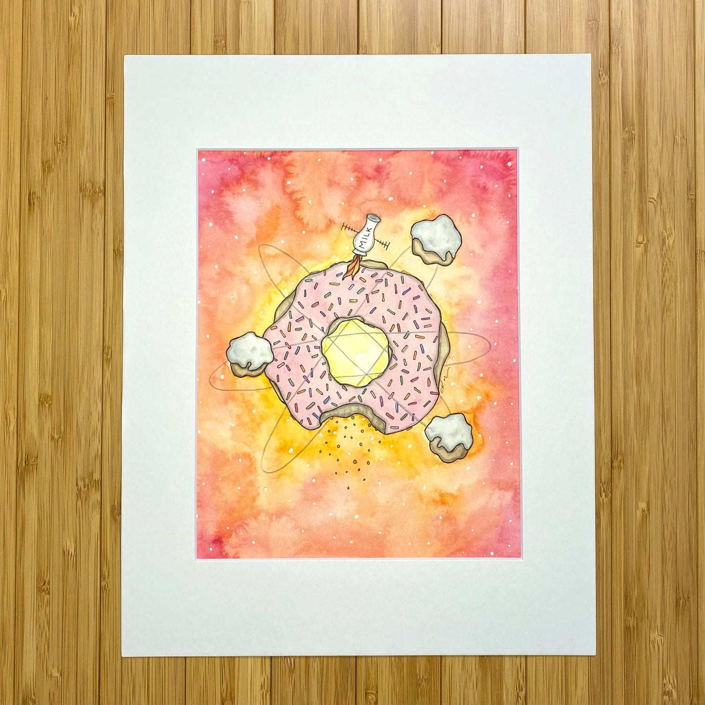 PinkPolish Design Original Art "Cosmic Doughnut" Space Inspired Original Watercolor & Ink Illustration