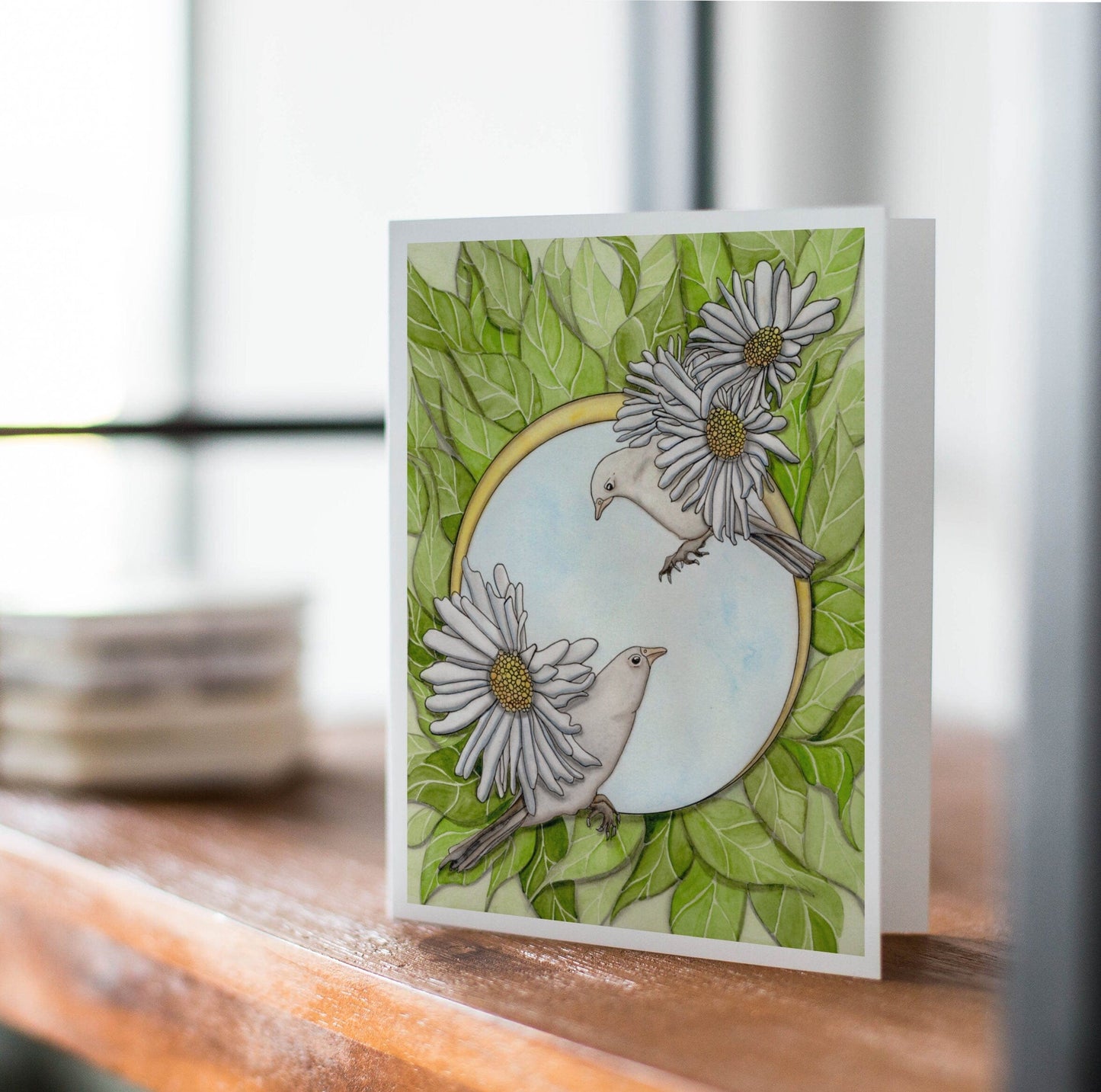 PinkPolish Design Note Cards "Daisy Finches" Handmade Note Card