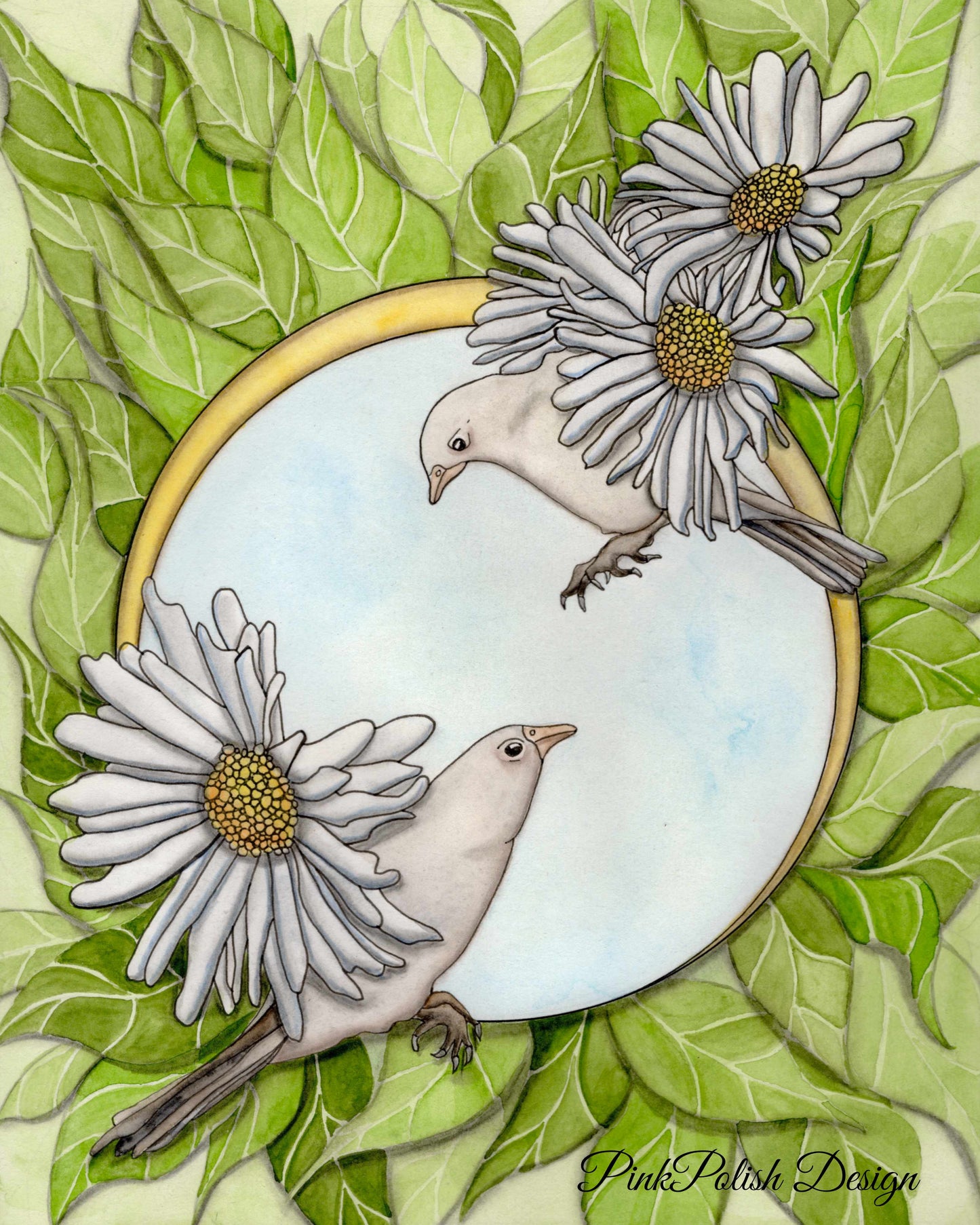 PinkPolish Design Art Prints "Daisy Finches" Watercolor Painting: Art Print