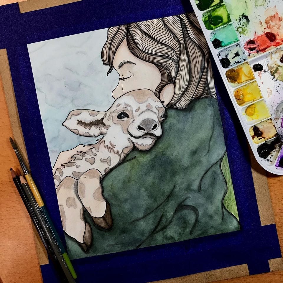 PinkPolish Design Original Art "Farm Hugs" Cute Animal Inspired Original Watercolor & Ink Illustration