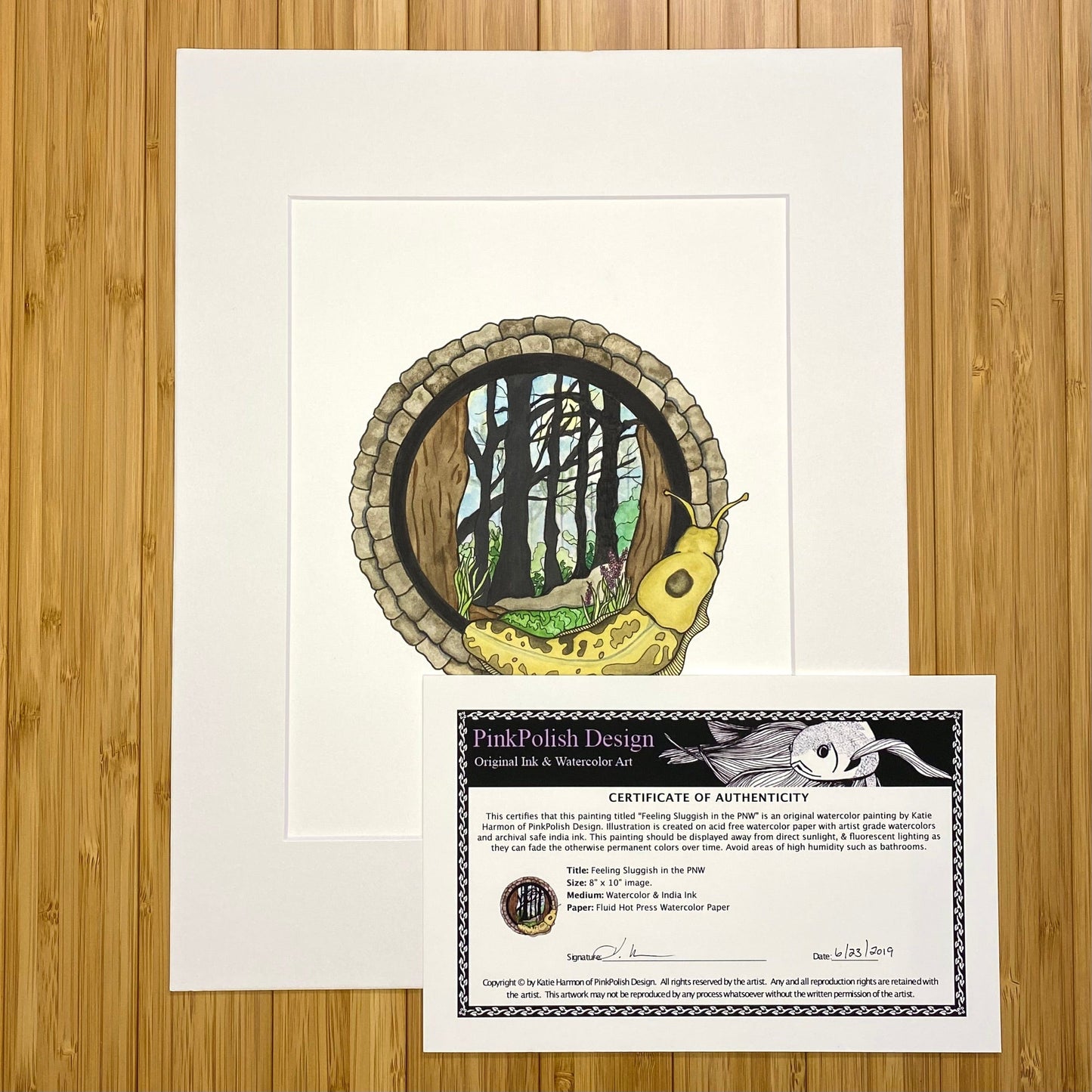 PinkPolish Design Original Art "Feeling Sluggish in the PNW" Banana Slug Inspired Original Watercolor & Ink Illustration