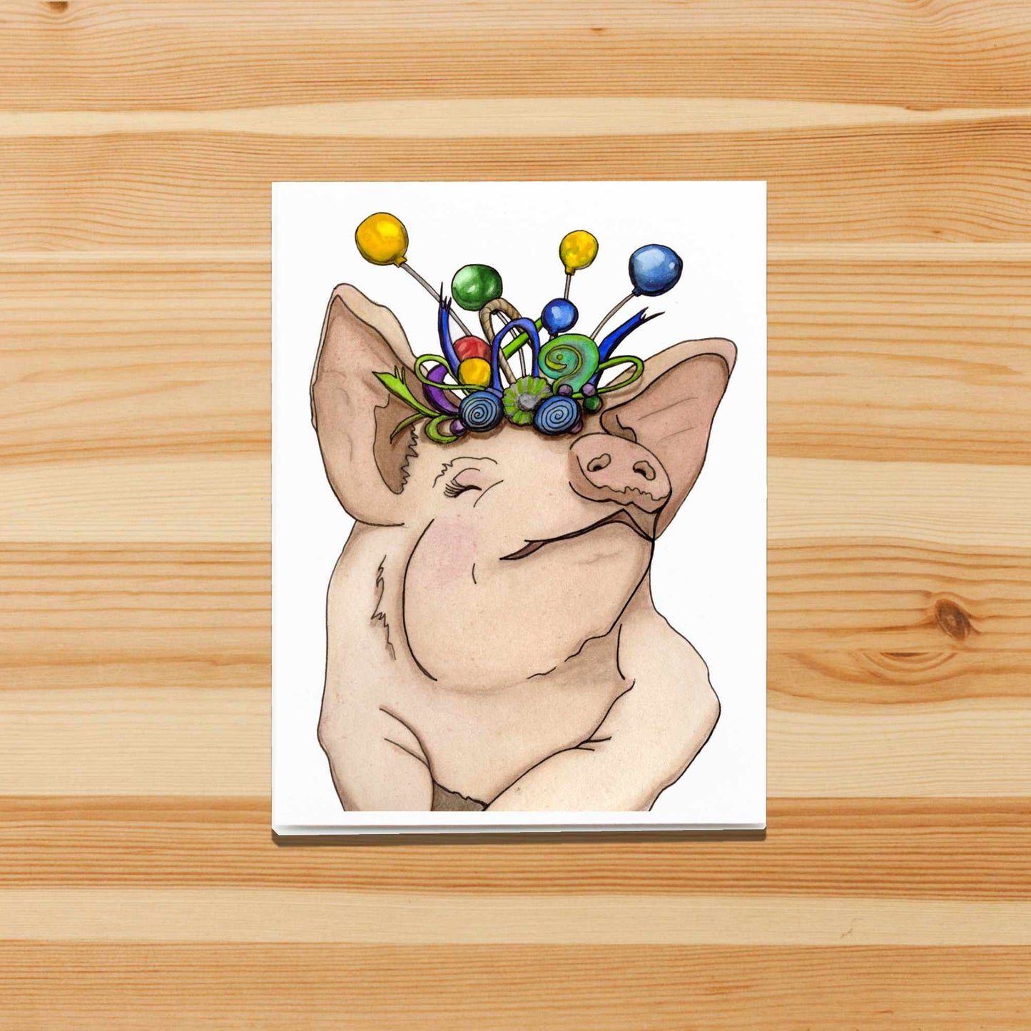 PinkPolish Design Note Cards "Festive Pig" Handmade Notecard