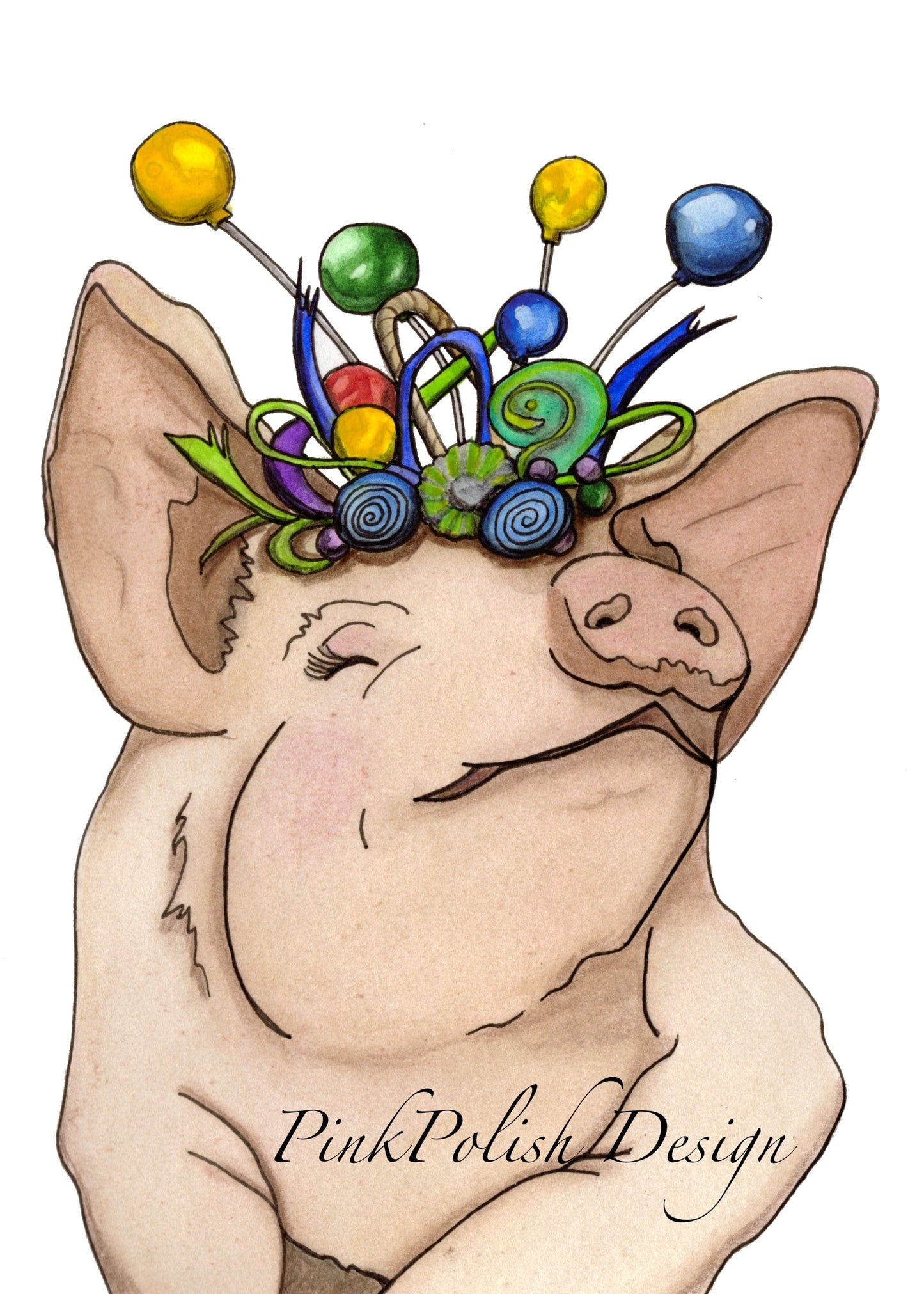 PinkPolish Design Art Prints "Festive Pig" Watercolor Painting: Art Print