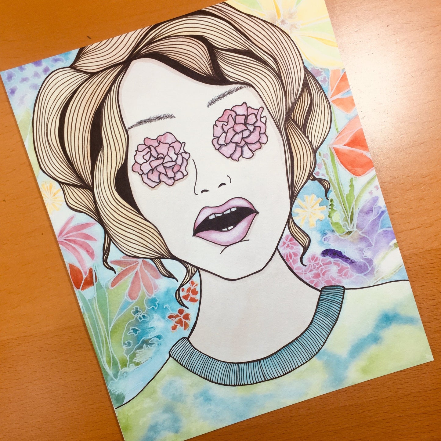 PinkPolish Design Original Art "Flower Power" Floral Inspired Original Watercolor & Ink Illustration