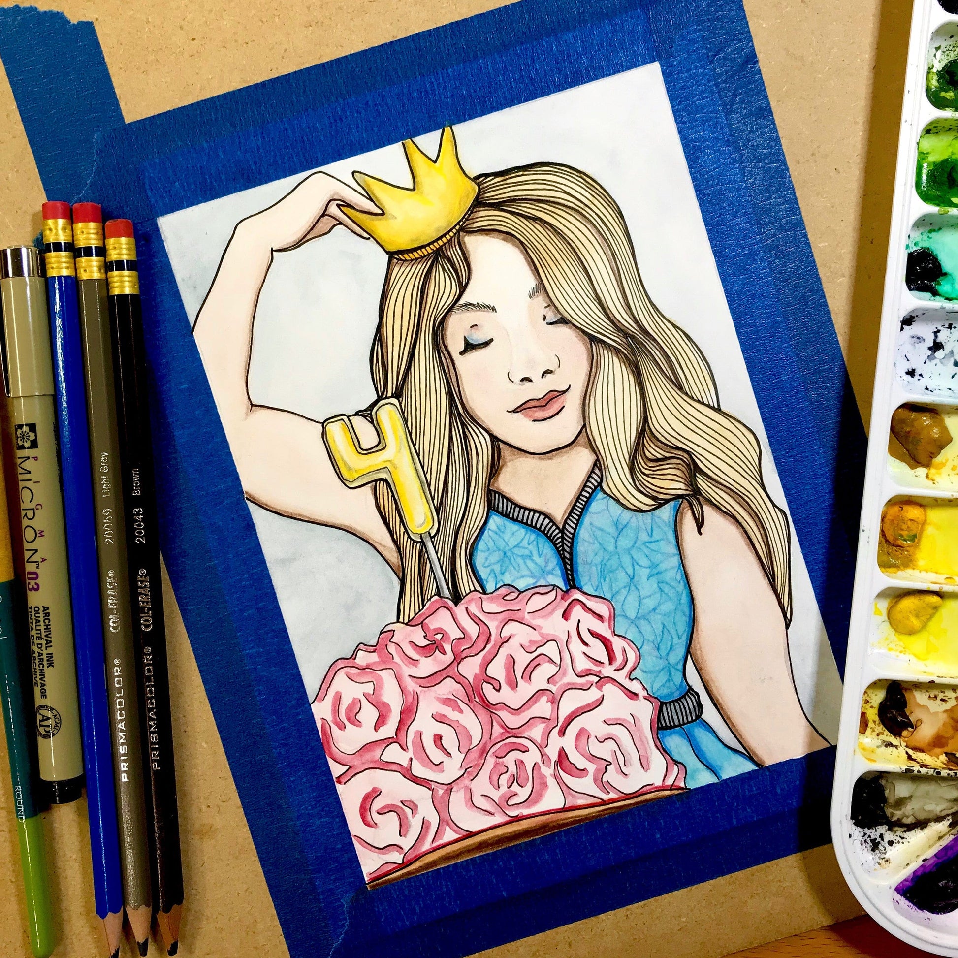 PinkPolish Design Original Art "Four" Celebration Inspired Original Watercolor & Ink Illustration