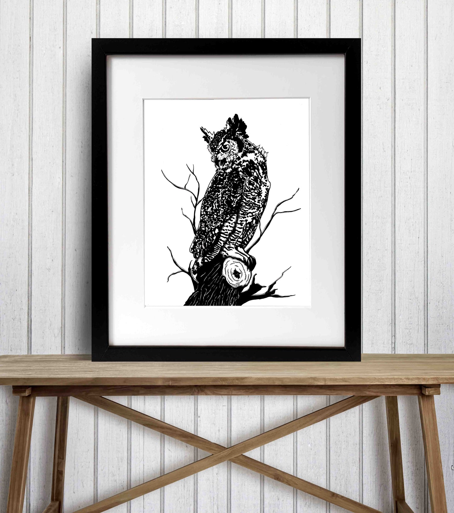 PinkPolish Design Art Prints "Great Horned Owl" Ink Drawing: Art Print