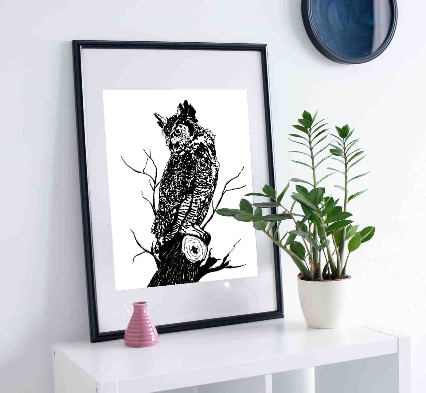 PinkPolish Design Art Prints "Great Horned Owl" Ink Drawing: Art Print