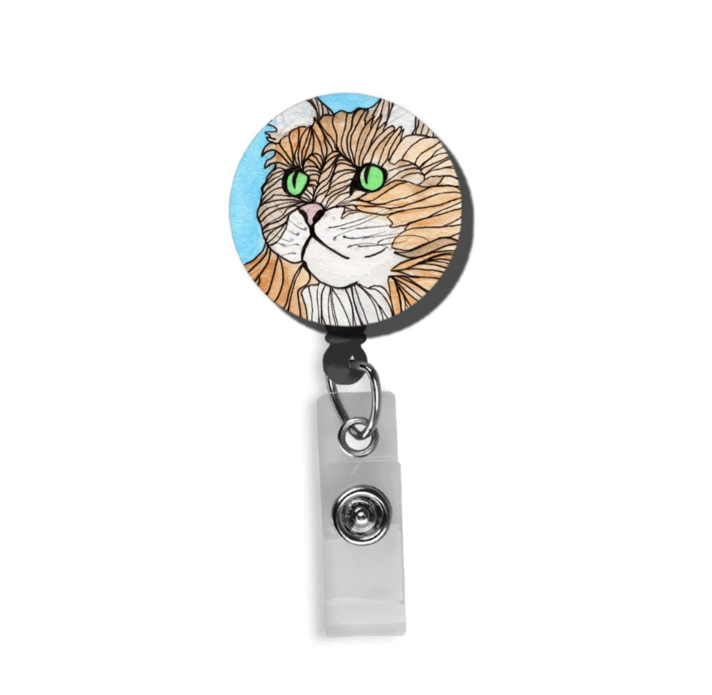 PinkPolish Design Badge Reels & Lanyards "Green Eyed Cat" Retractable Badge Reel