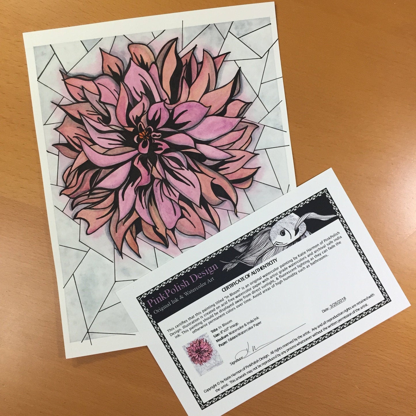 PinkPolish Design Original Art "In Bloom"  Chrysanthemum Inspired Original Watercolor & Ink Illustration