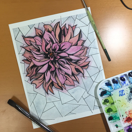 PinkPolish Design Original Art "In Bloom"  Chrysanthemum Inspired Original Watercolor & Ink Illustration