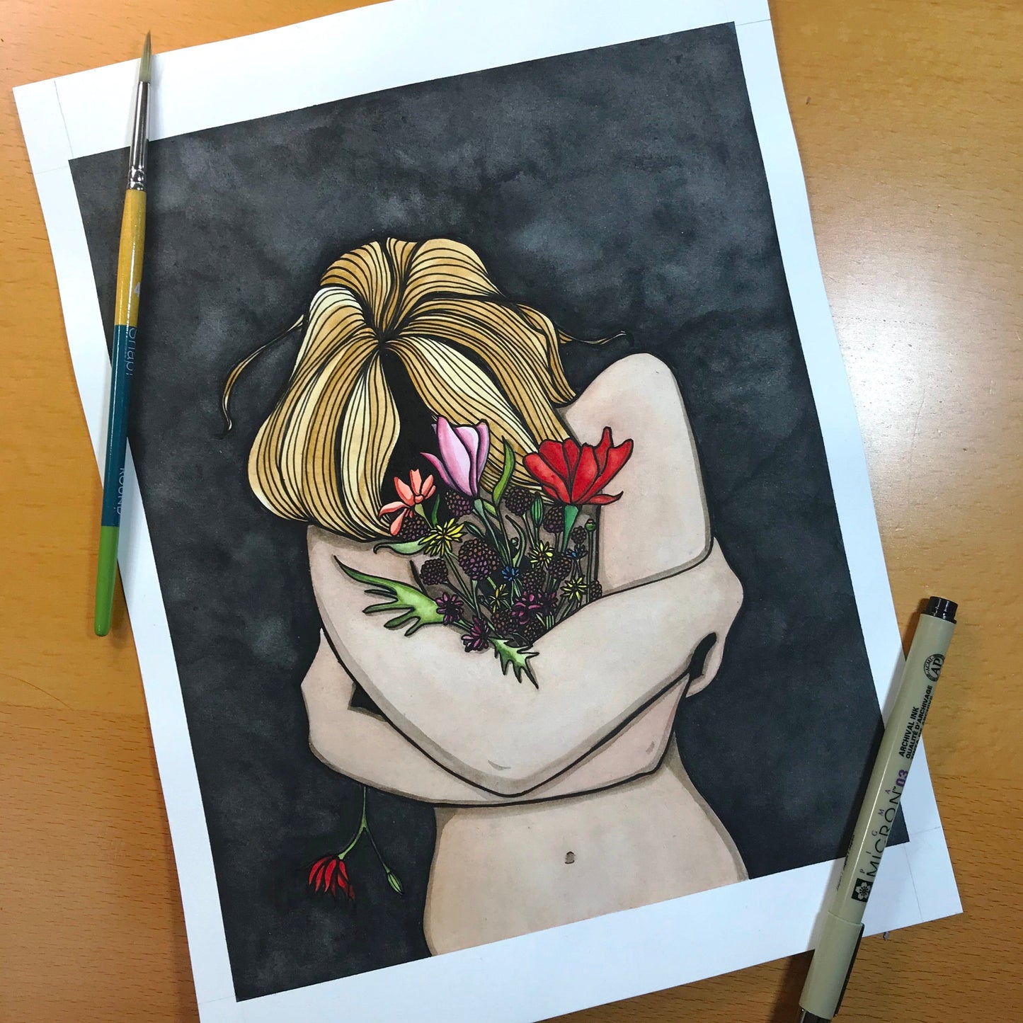 PinkPolish Design Original Art "In Darkness Bloom" Original Watercolor & Ink Illustration