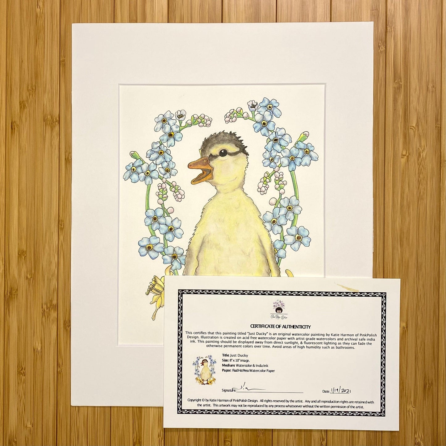 PinkPolish Design Original Art "Just Ducky" Duckling Inspired Original Watercolor & Ink Illustration