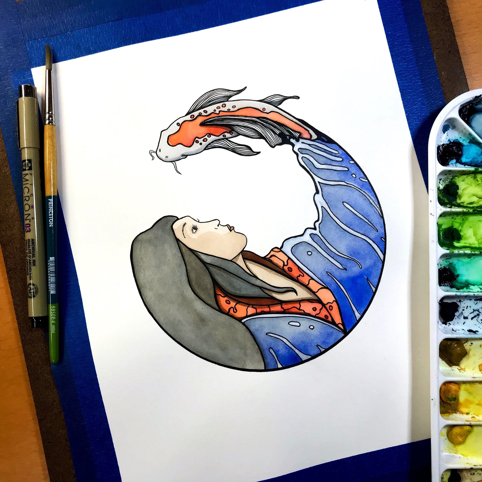 PinkPolish Design Original Art "Koi Spirit" Spirit Animal Inspired Original Watercolor & Ink Illustration