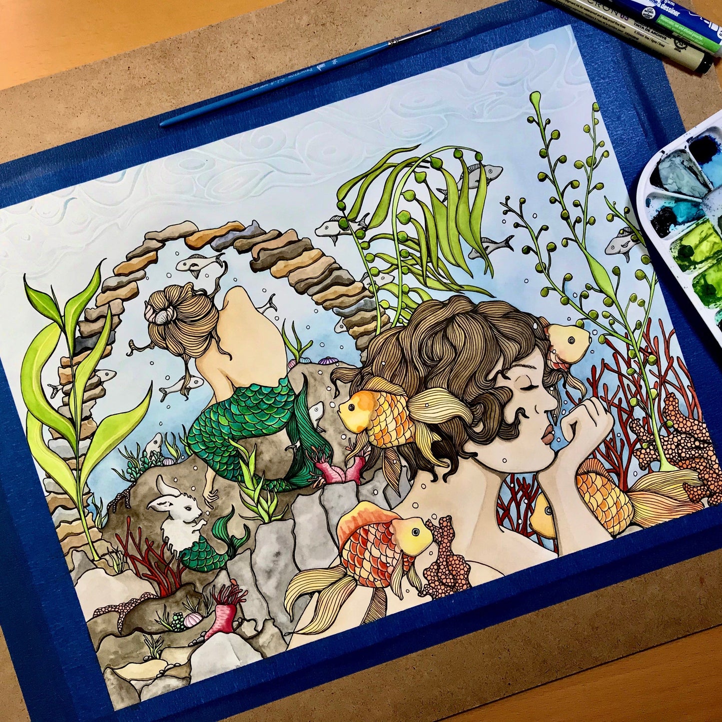 PinkPolish Design Original Art "Mermaid Daydream" MerMay Inspired Original Watercolor & Ink Illustration