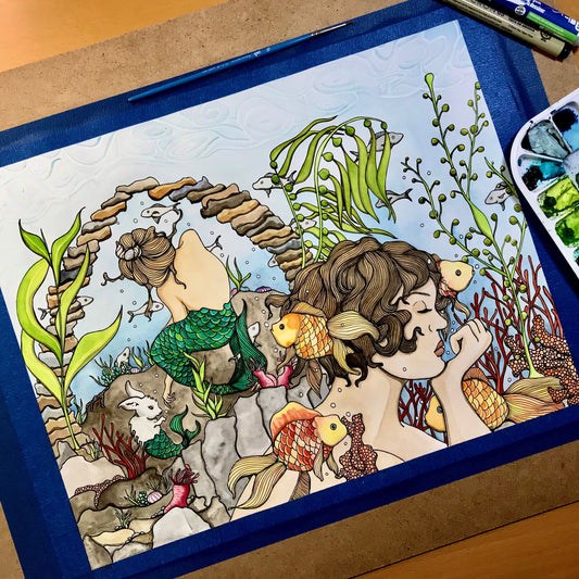 PinkPolish Design Original Art "Mermaid Daydream" MerMay Inspired Original Watercolor & Ink Illustration