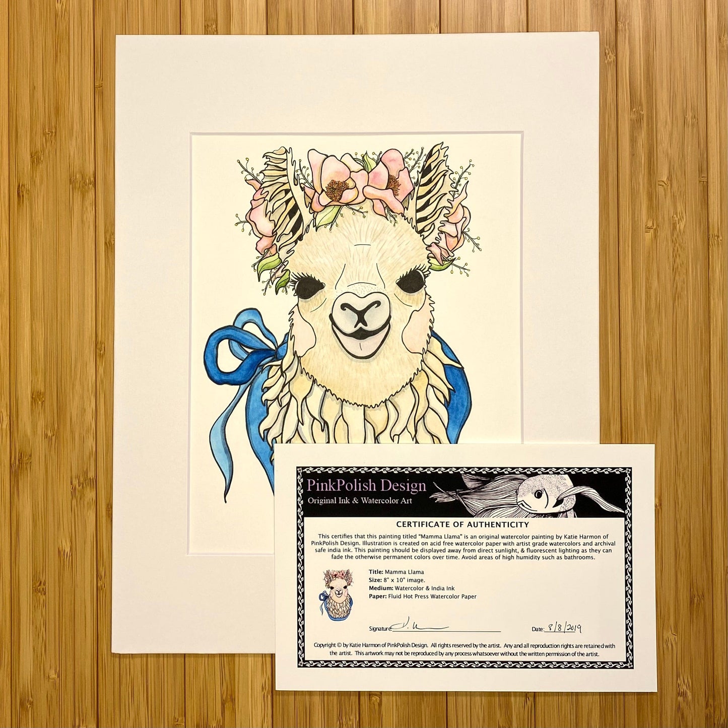 PinkPolish Design Original Art "Momma Llama" Cute Animal Inspired Original Watercolor & Ink Illustration