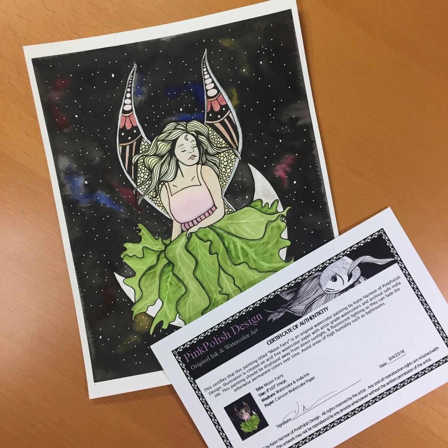 PinkPolish Design Original Art "Moon Fairy" Fantasy Inspired Original Watercolor & Ink Illustration