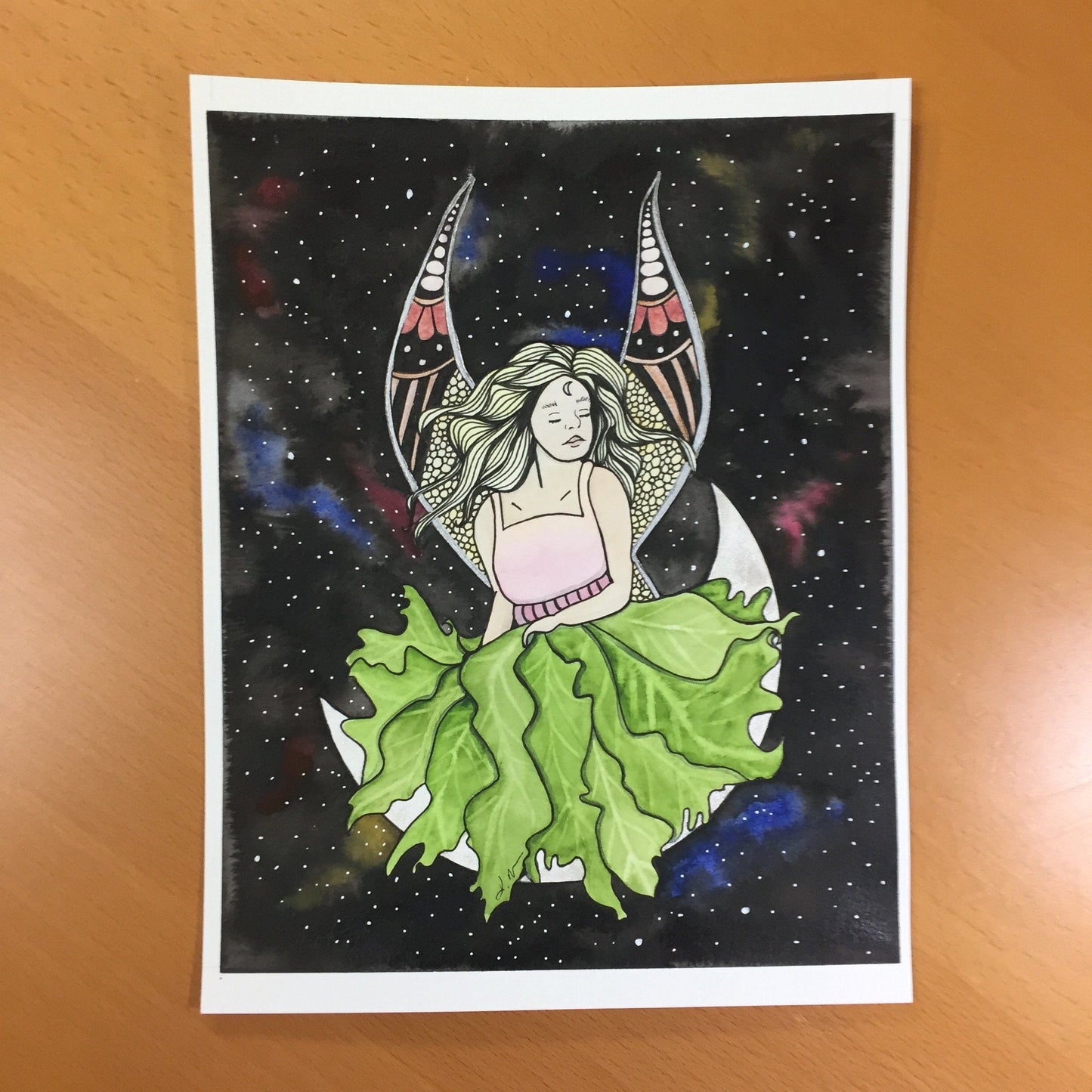 PinkPolish Design Original Art "Moon Fairy" Fantasy Inspired Original Watercolor & Ink Illustration