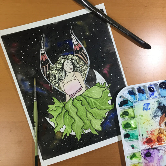 PinkPolish Design Original Art "Moon Fairy" Fantasy Inspired Original Watercolor & Ink Illustration