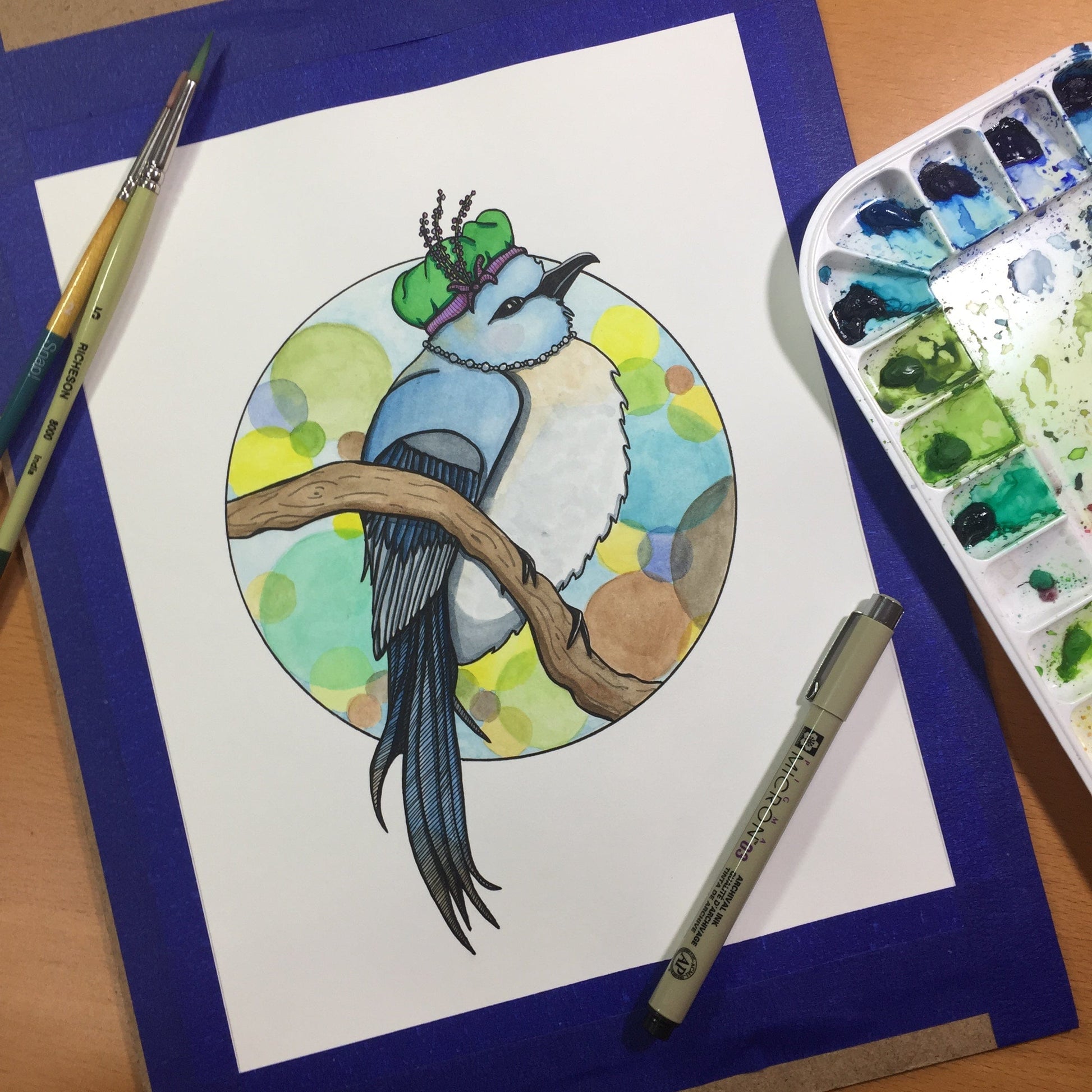 PinkPolish Design Original Art "Ms. Finch" Storybook Inspired Original Watercolor & Ink Illustration