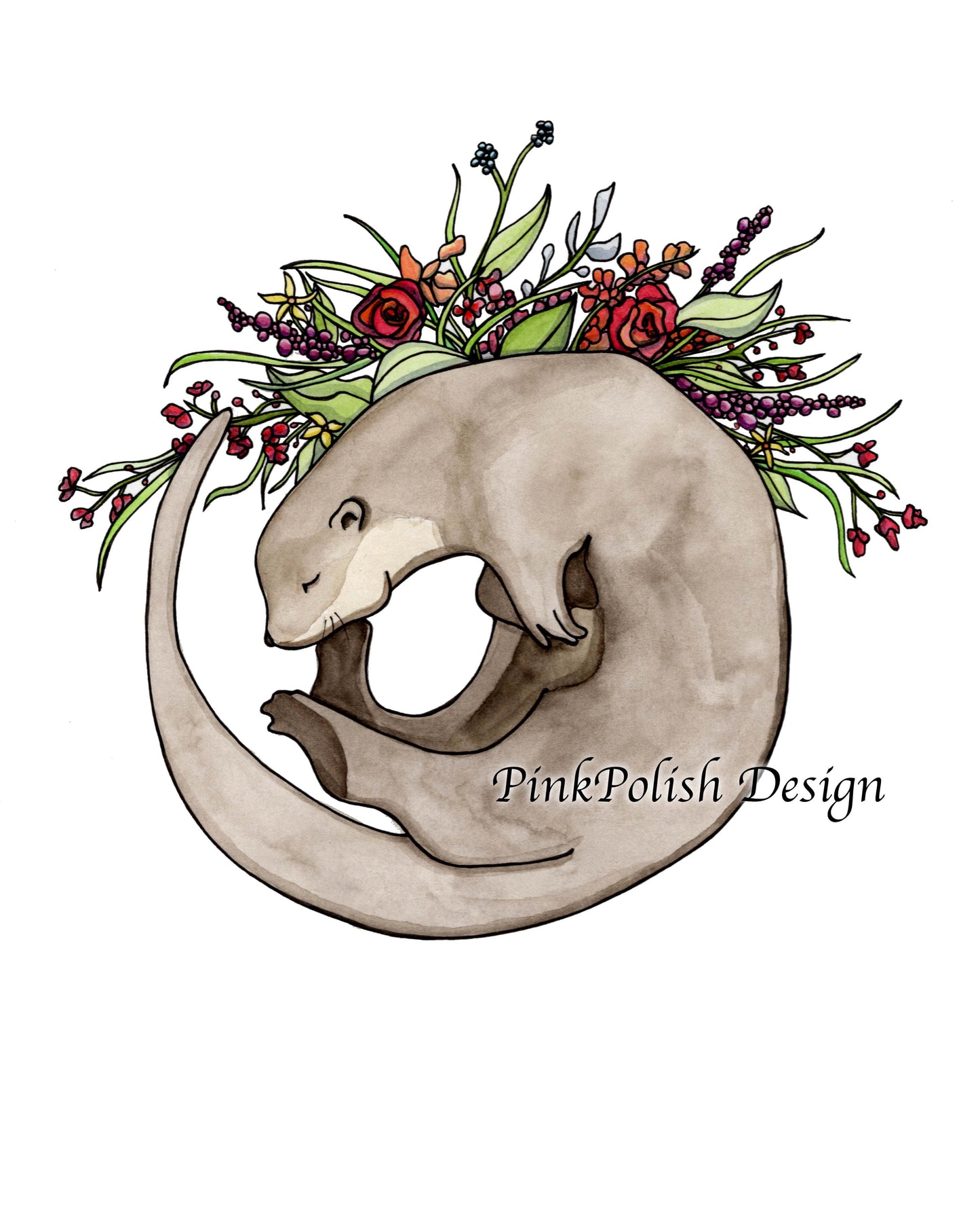 PinkPolish Design Art Prints "Otter Bouquet" Watercolor Painting: Art Print