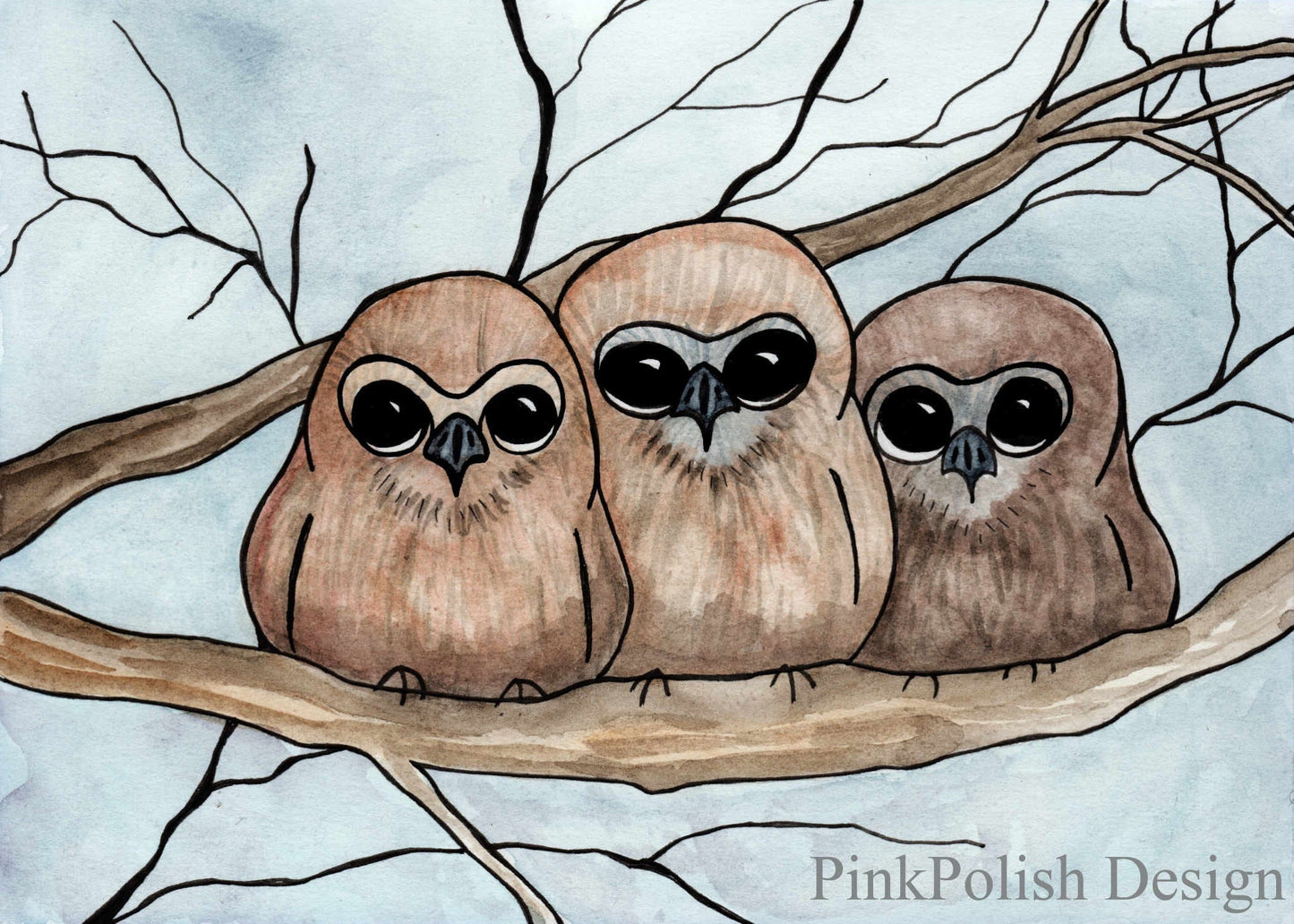 PinkPolish Design Art Prints "Owl Huddle" Watercolor Painting: Art Print