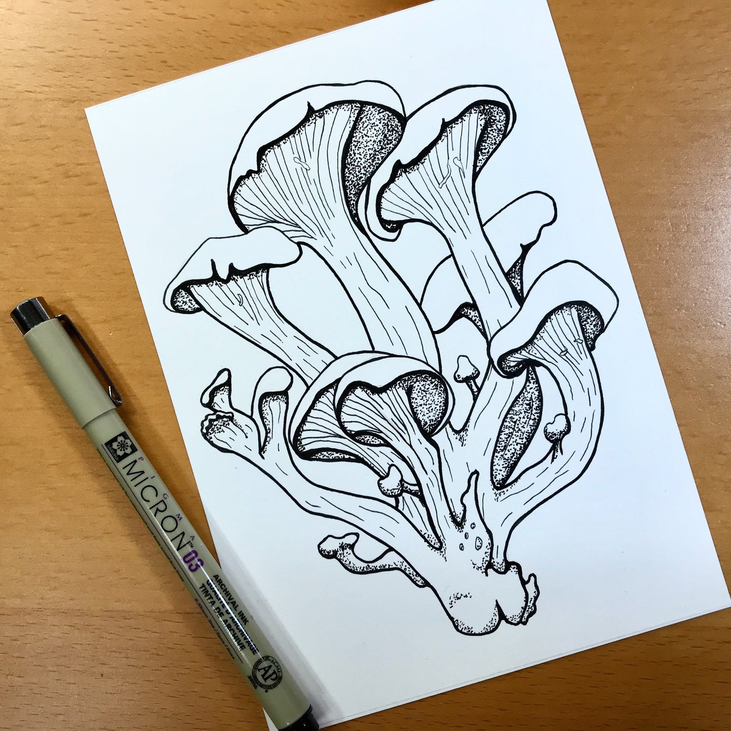 PinkPolish Design Original Art "Oyster Mushroom" PNW Fungi Inspired Original Ink Illustration, 5"x7"