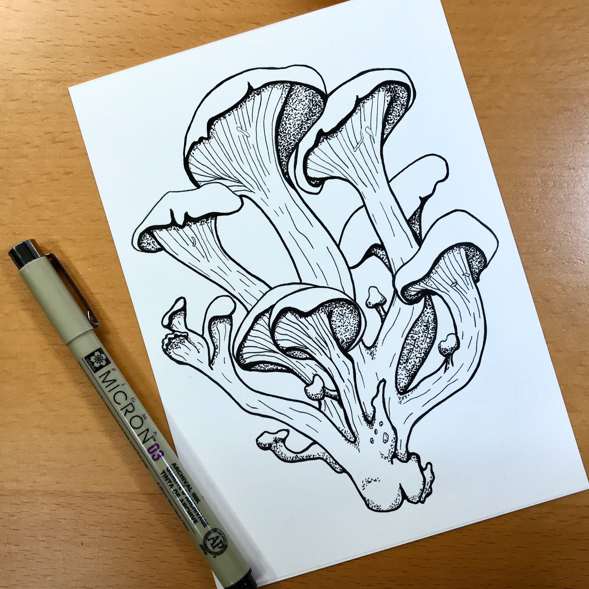 PinkPolish Design Original Art "Oyster Mushroom" PNW Fungi Inspired Original Ink Illustration, 5"x7"