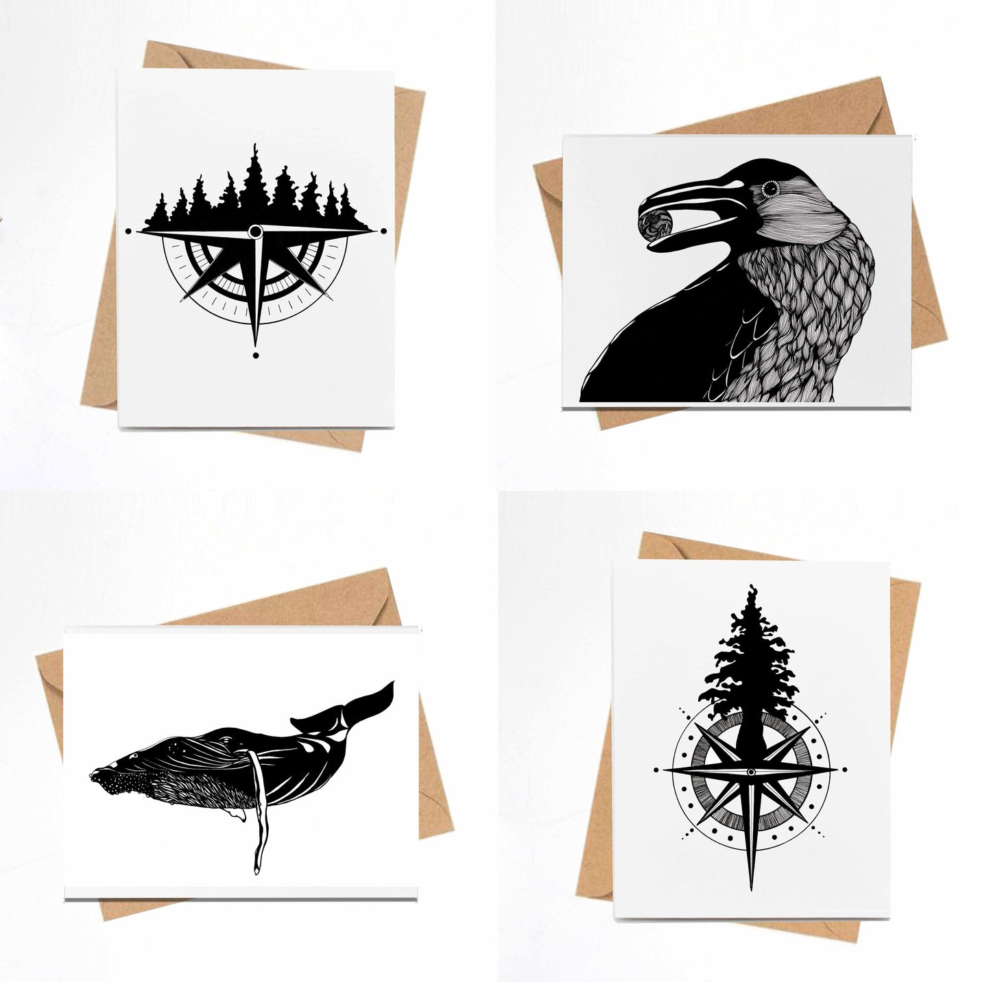 PinkPolish Design Card Pack "Pacific NW" 4 Card Pack of Handmade Notecards