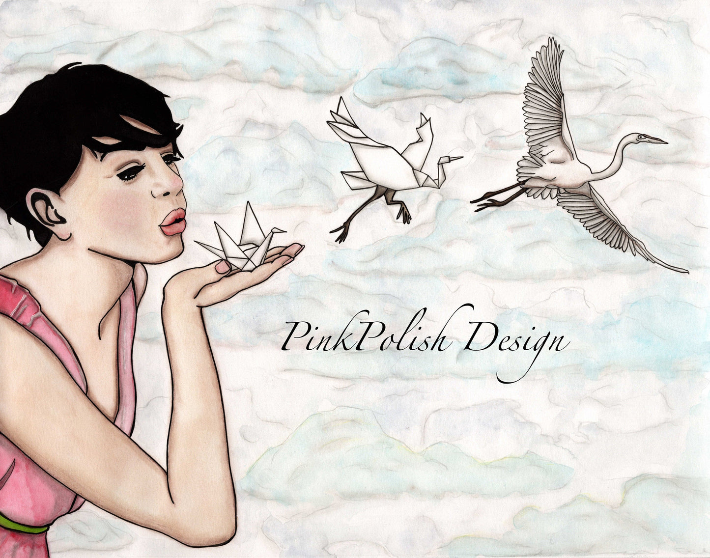 PinkPolish Design Art Prints "Paper Crane" Watercolor Painting: Art Print