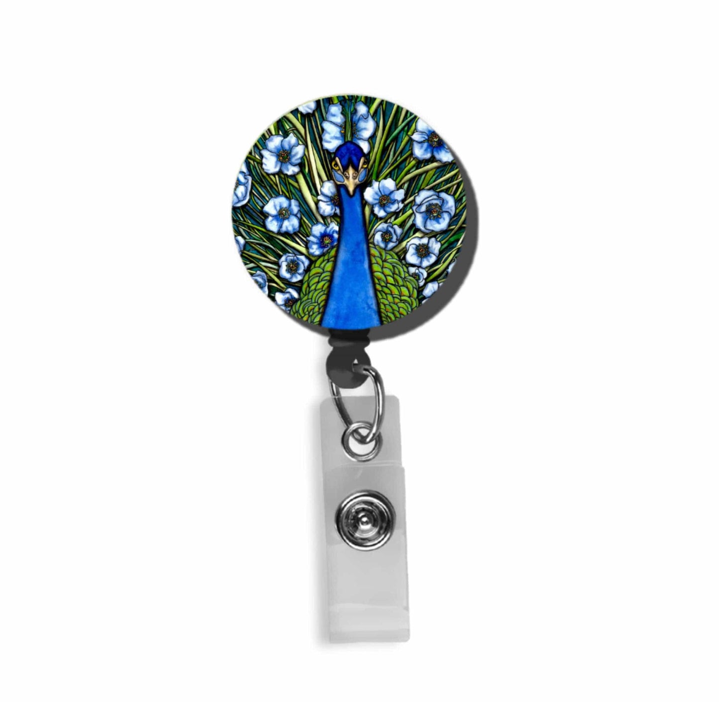 PinkPolish Design Badge Reels & Lanyards "Peacock Fleur Grande" Retractable Badge Reel