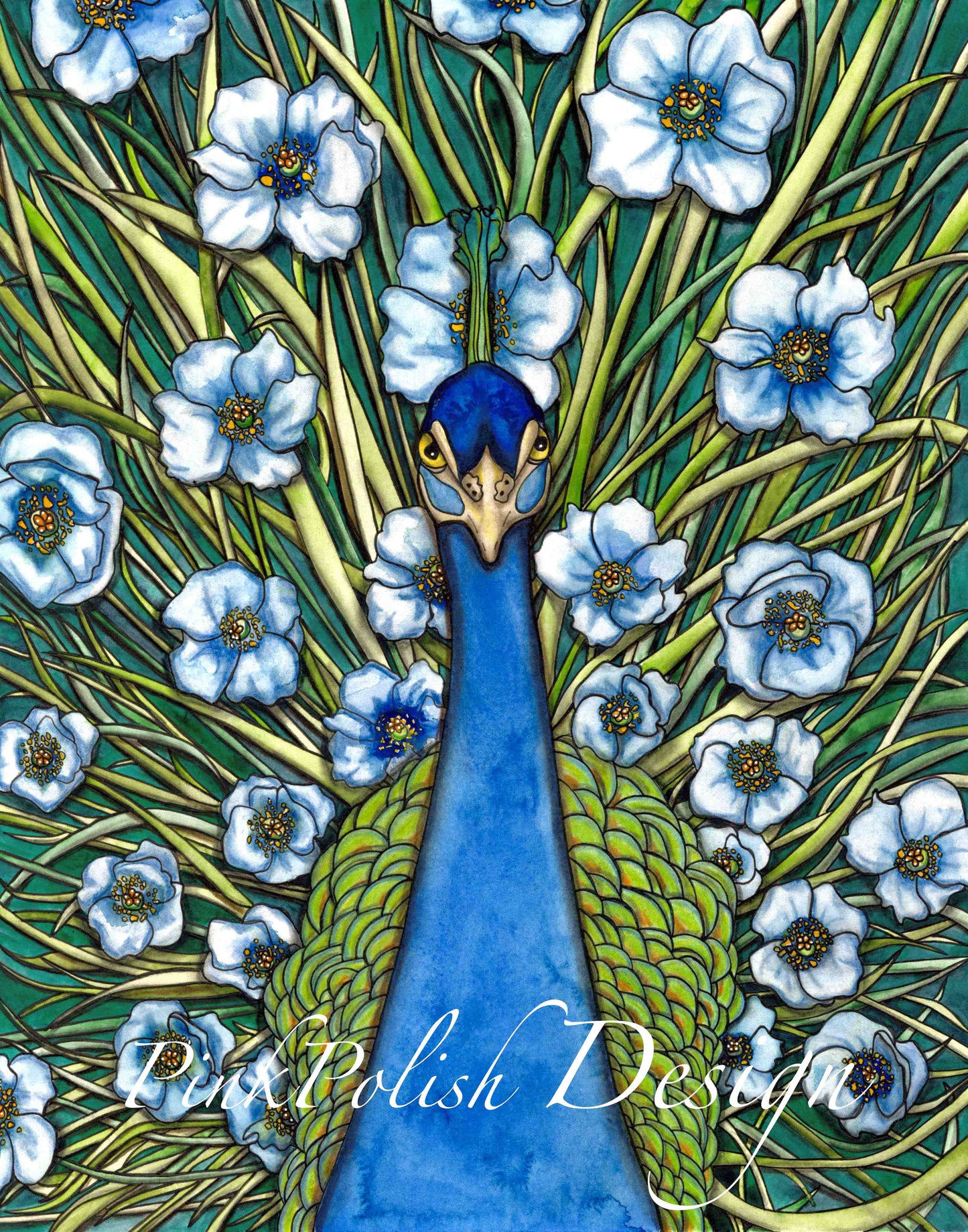 PinkPolish Design Art Prints "Peacock Fleur Grande" Watercolor Painting: Art Print