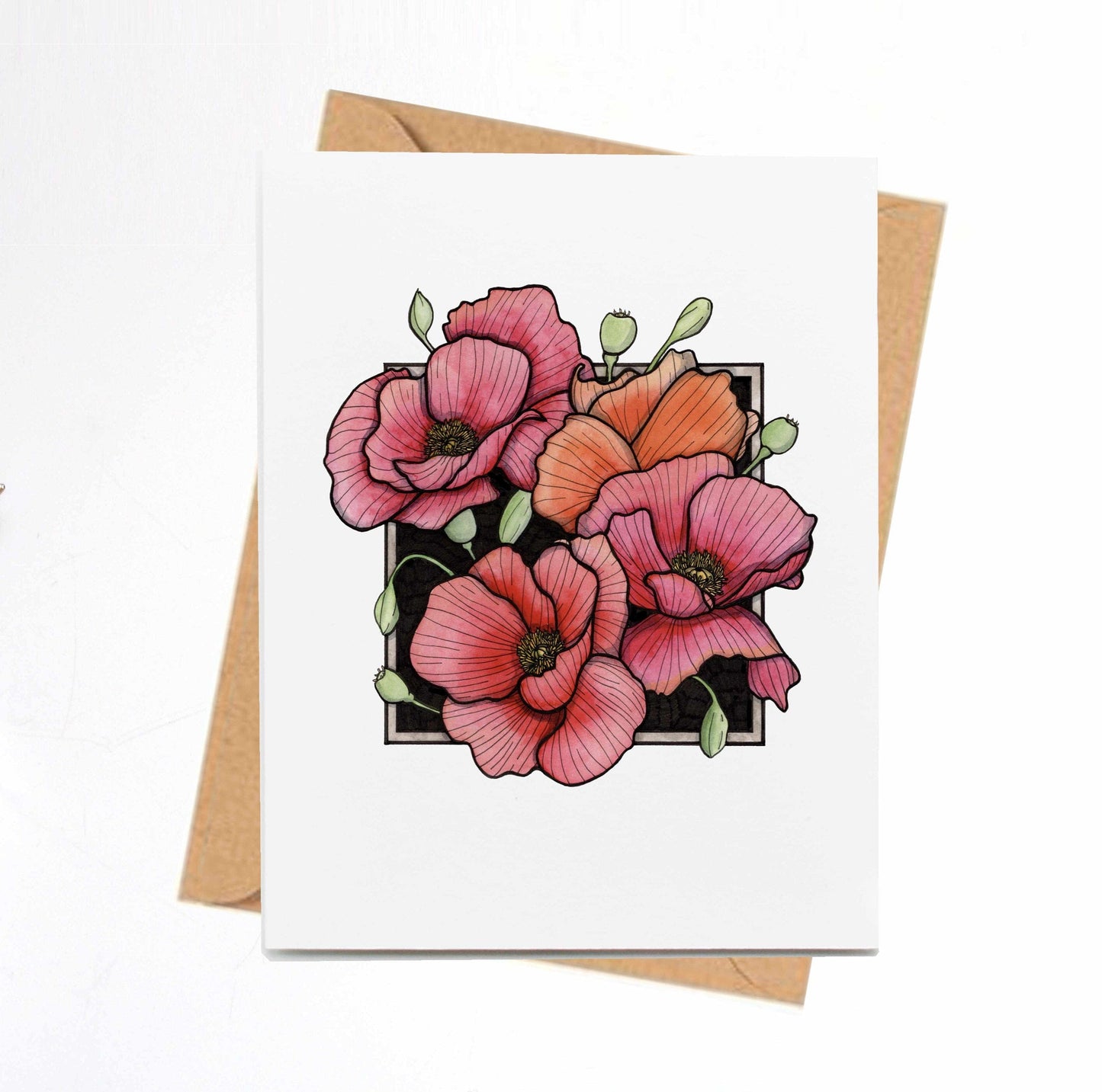 PinkPolish Design Note Cards "Poppies" Handmade Notecard