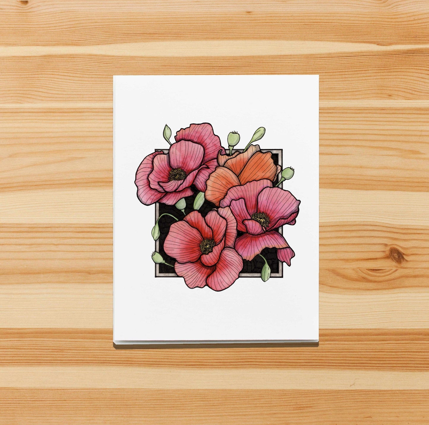 PinkPolish Design Note Cards "Poppies" Handmade Notecard