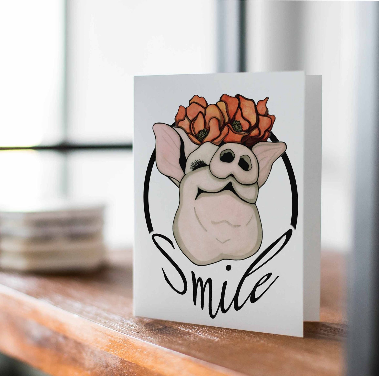 PinkPolish Design Note Cards "Poppy Pig" Handmade Notecard
