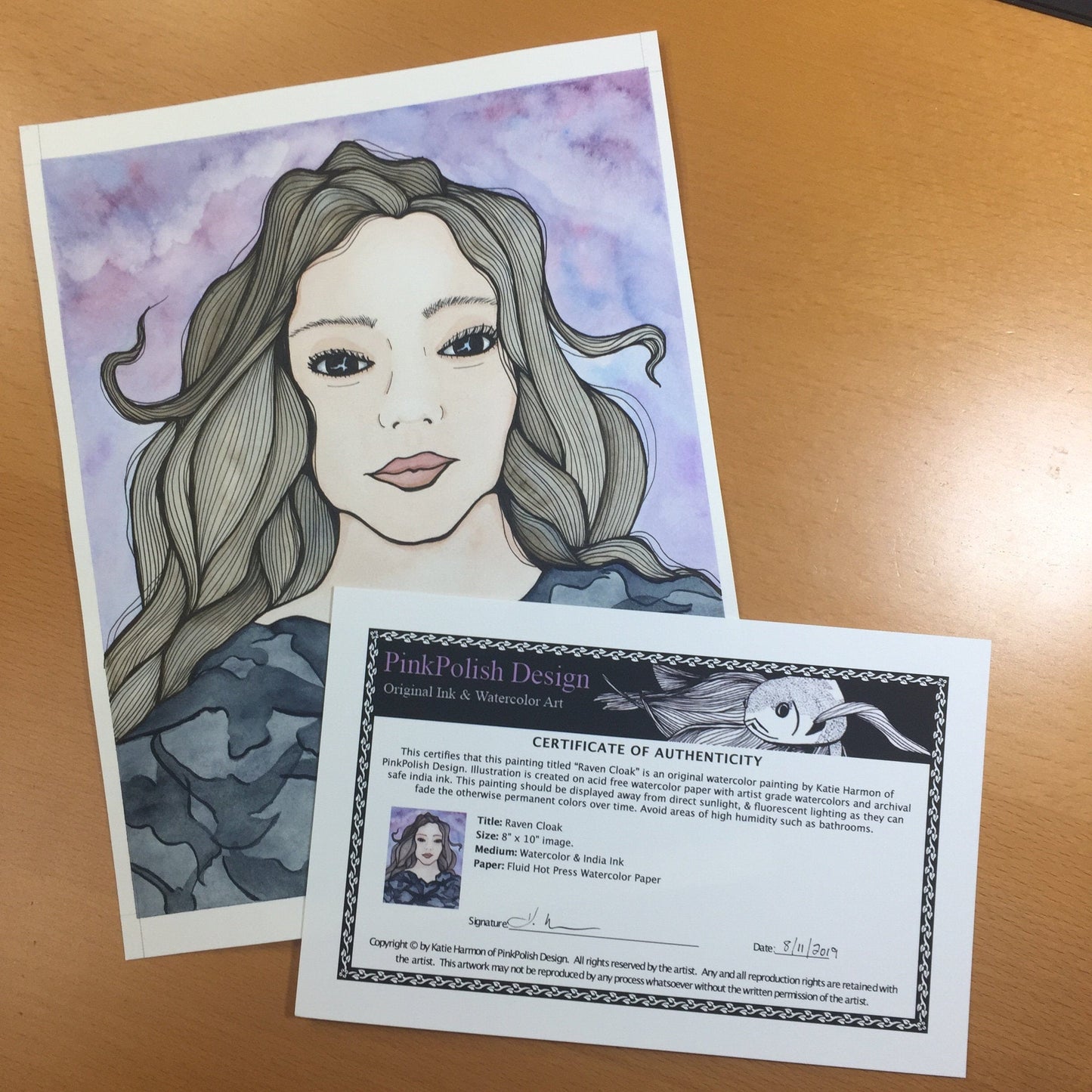 PinkPolish Design Original Art "Raven Cloak" Magic Inspired Original Watercolor & Ink Illustration