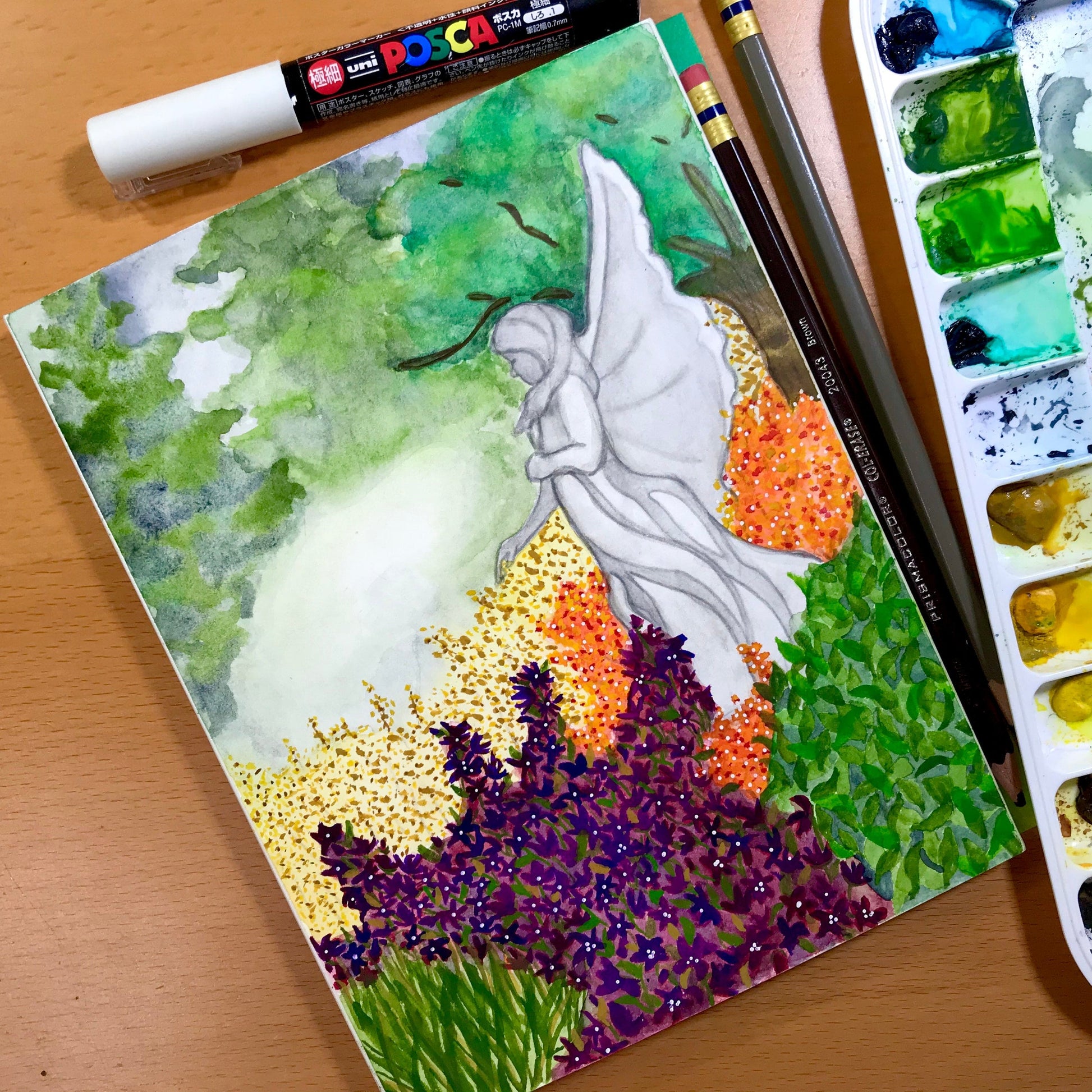 PinkPolish Design Original Art "Respite Garden" Original Watercolor & Ink Illustration