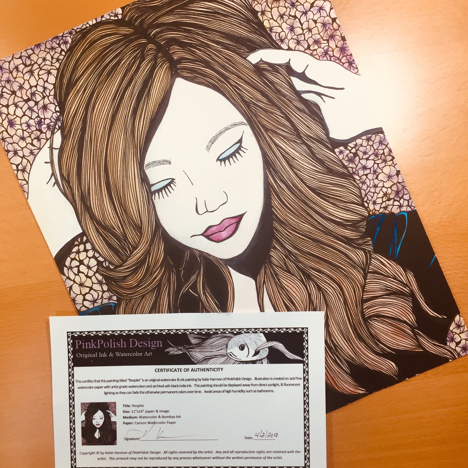 PinkPolish Design Original Art "Respite" Mental Health Inspired Original Watercolor & Ink Illustration