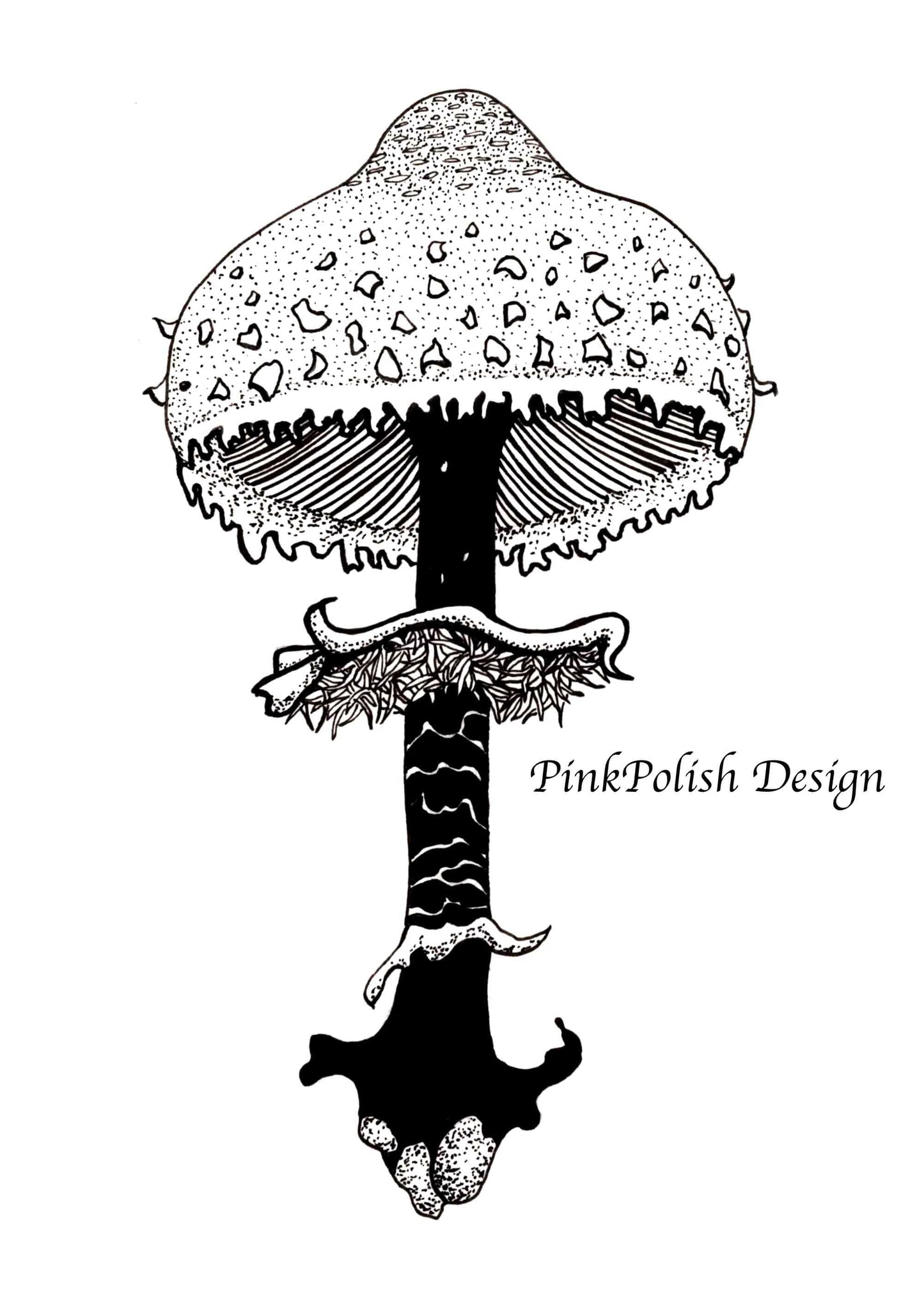 PinkPolish Design Original Art "Shaggy Parasol Mushroom" PNW Fungi Inspired Original Ink Illustration, 5"x7"