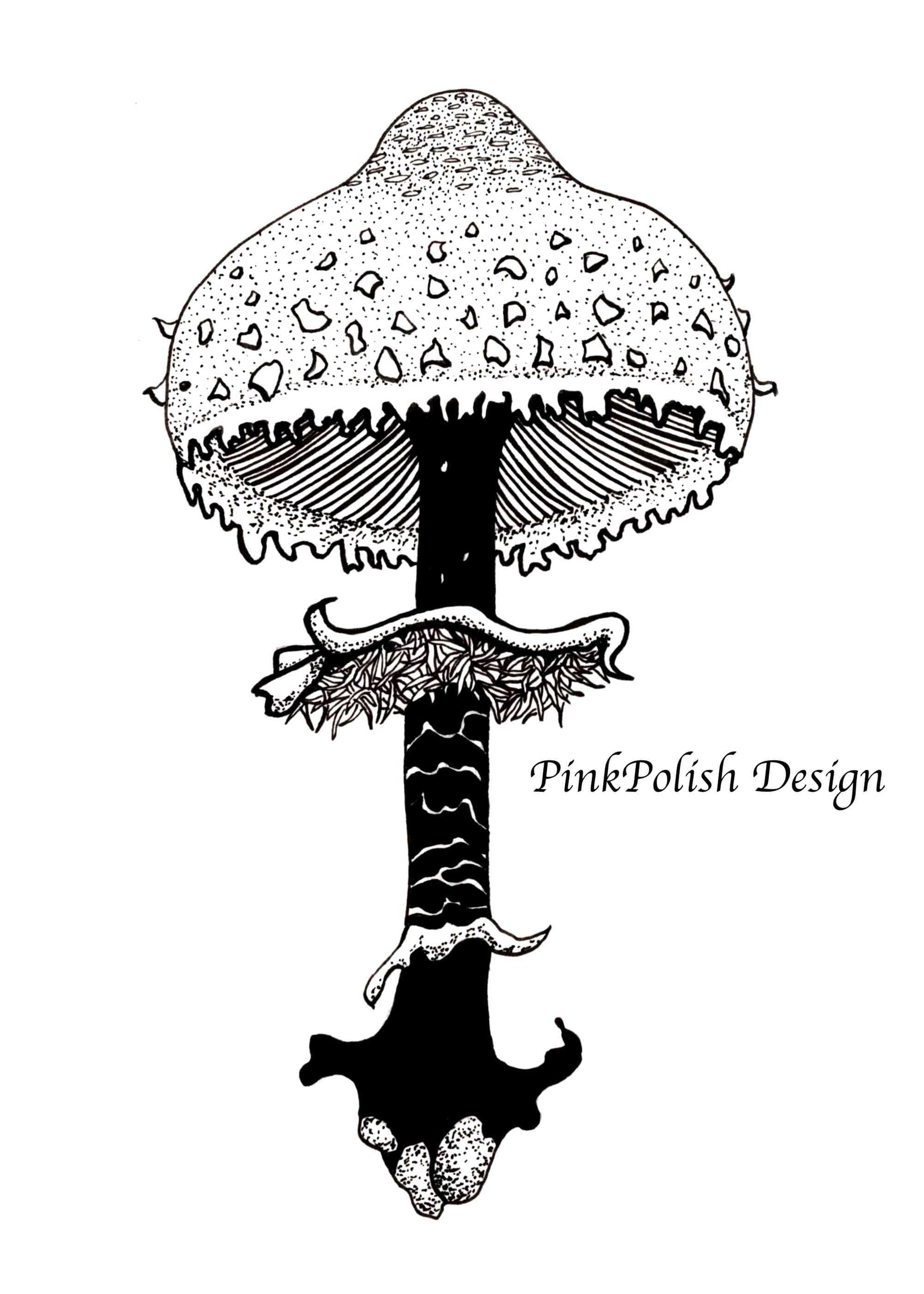 PinkPolish Design Original Art "Shaggy Parasol Mushroom" PNW Fungi Inspired Original Ink Illustration, 5"x7"